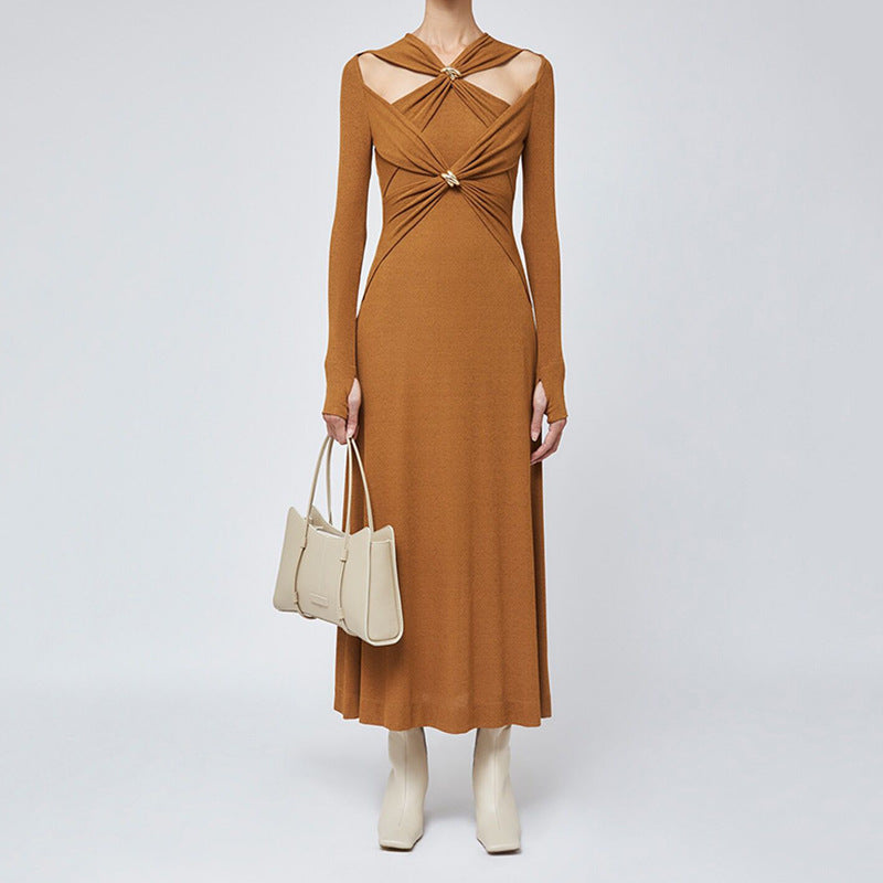cut-out long-sleeve maxi dress with gold accents – Edythe