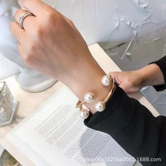 gold open cuff bracelet with oversized pearls – MILA