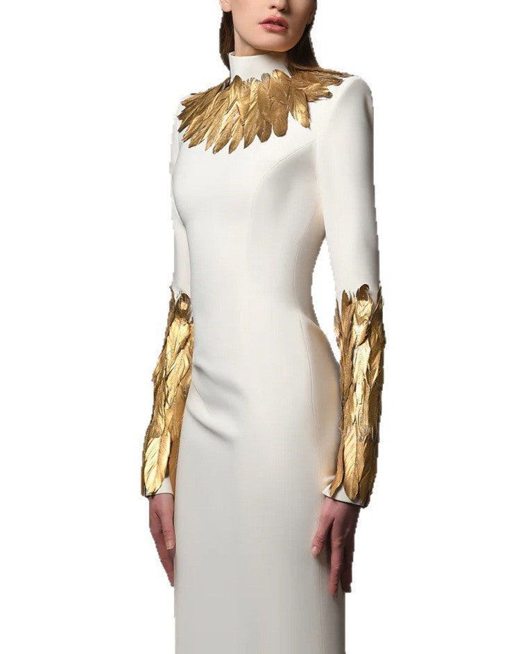 long-sleeve column dress with gold feather appliqués – AURELIA