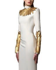 long-sleeve column dress with gold feather appliqués – AURELIA