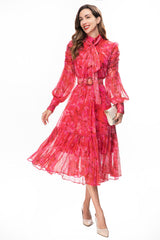 high-neck chiffon midi dress with ruched sleeves – YTAGR