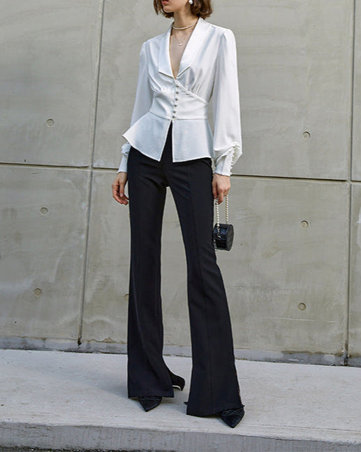 Fitted satin shirt with shawl lapel and button front – Vutni