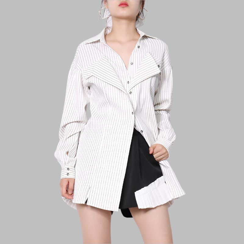 striped longline blouse with layered lapel detail - Terese