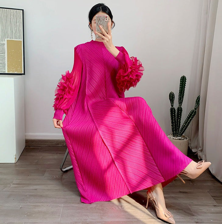 pleated maxi dress with floral cuff sleeves – Volen