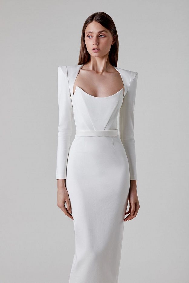 long sleeve midi dress with sculpted neckline – Adeyte