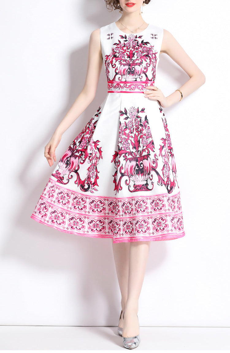 Sleeveless A-line dress with ornate vase print - CELMA