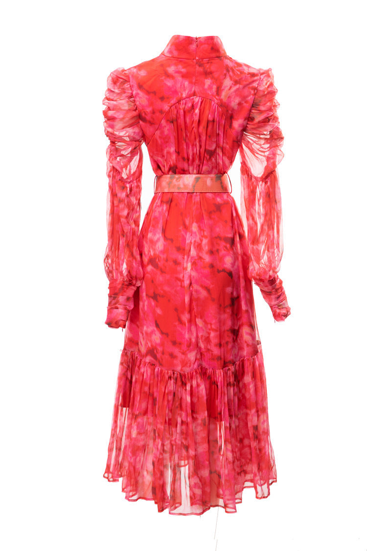 high-neck chiffon midi dress with ruched sleeves – YTAGR