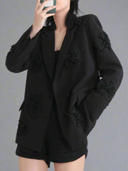 floral applique double-breasted blazer and flared pants set - GHOOTER