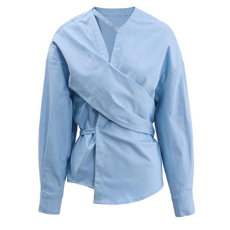 Asymmetrical belted long sleeve shirt - Kolru