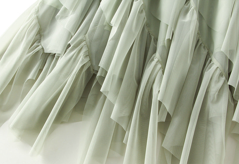 Asymmetrical ruffled mesh skirt with waterfall layers – Apilu
