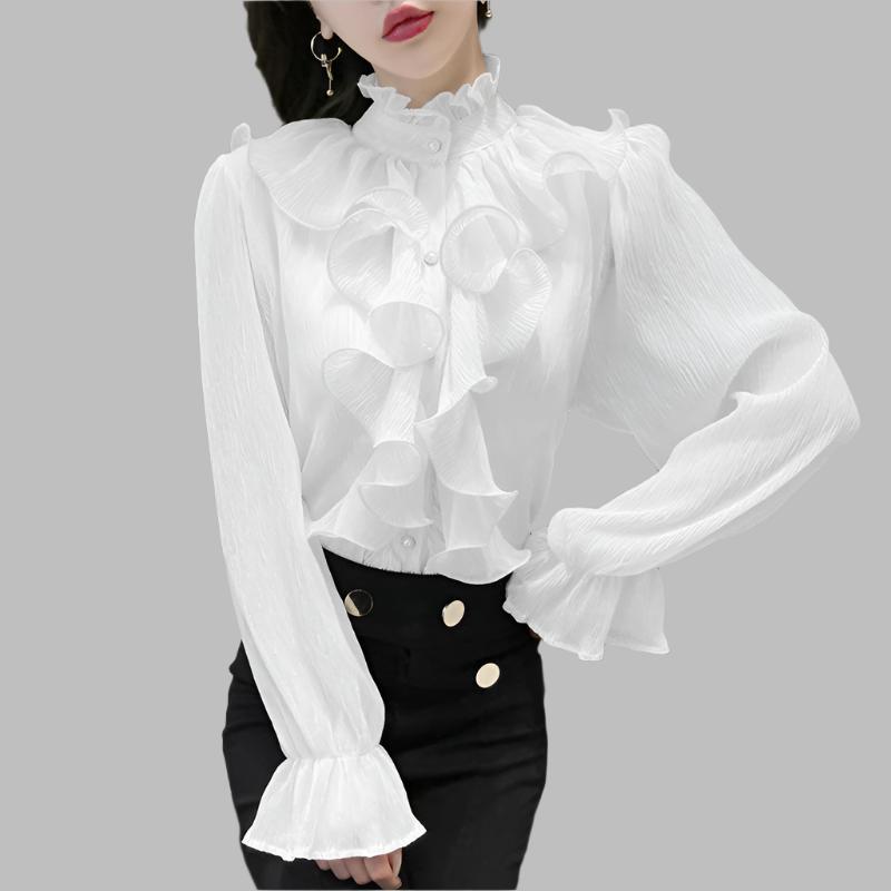 long sleeve ruffled chiffon blouse with stand collar – Tauret