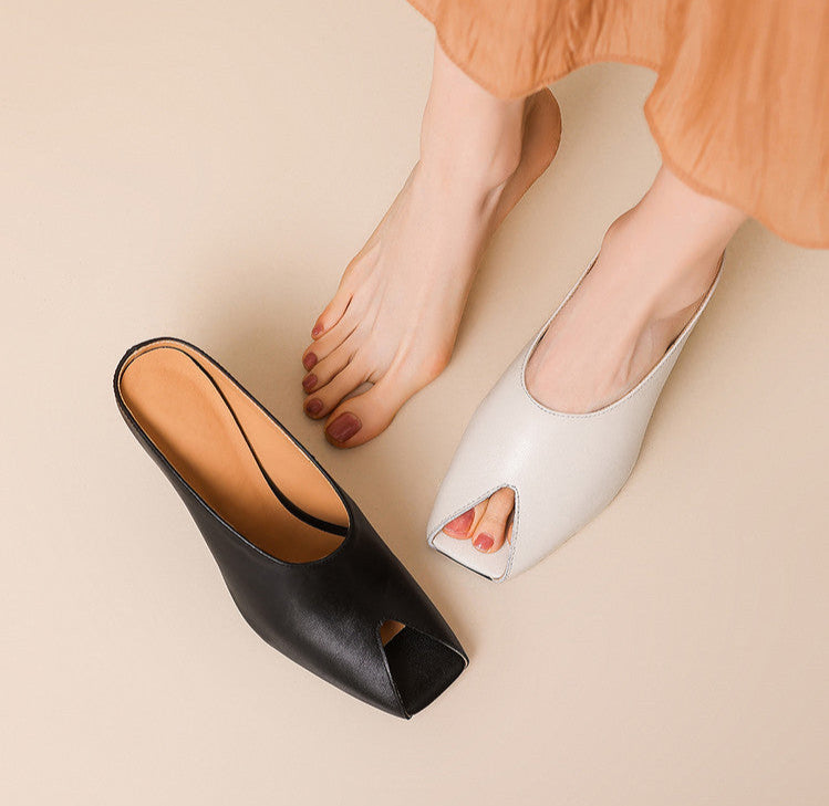 black leather wedge mules with open toe cutout – LUNARA