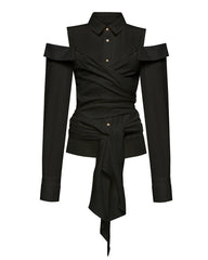 Off-Shoulder Buttoned Shirt with Waist Tie - Burti