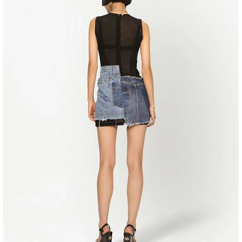sleeveless mesh mini dress with denim patchwork – Tamela