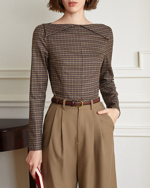 Long-sleeve plaid blouse with angular collar - Vituli