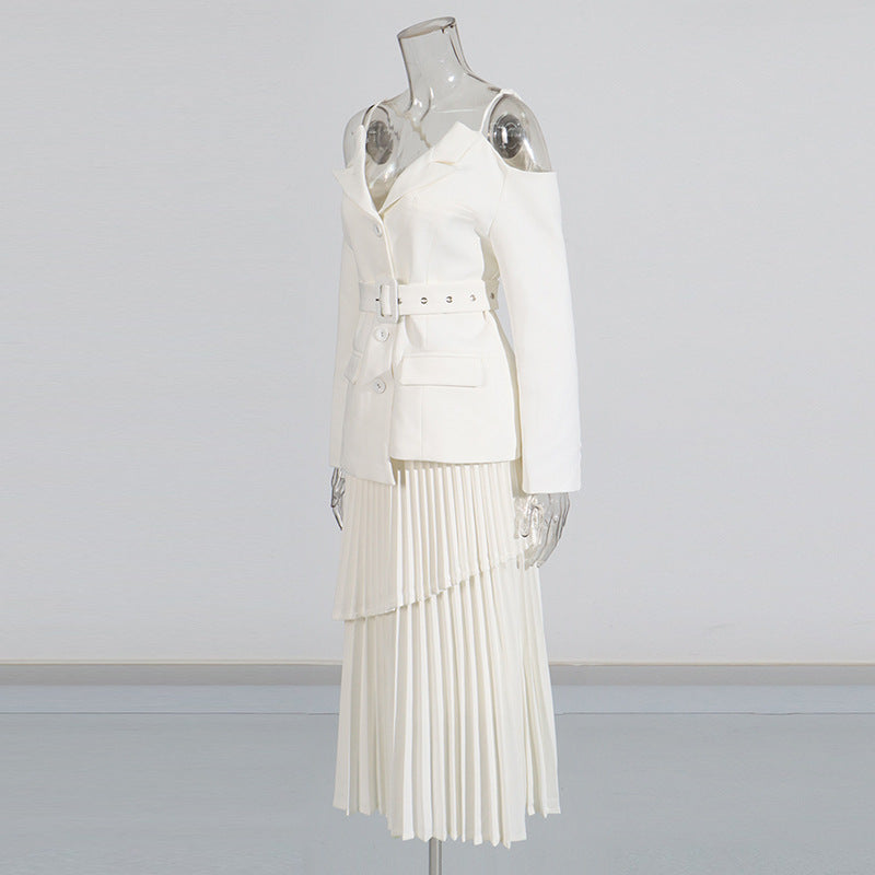 Off-shoulder belted blazer with pleated skirt - Atiju