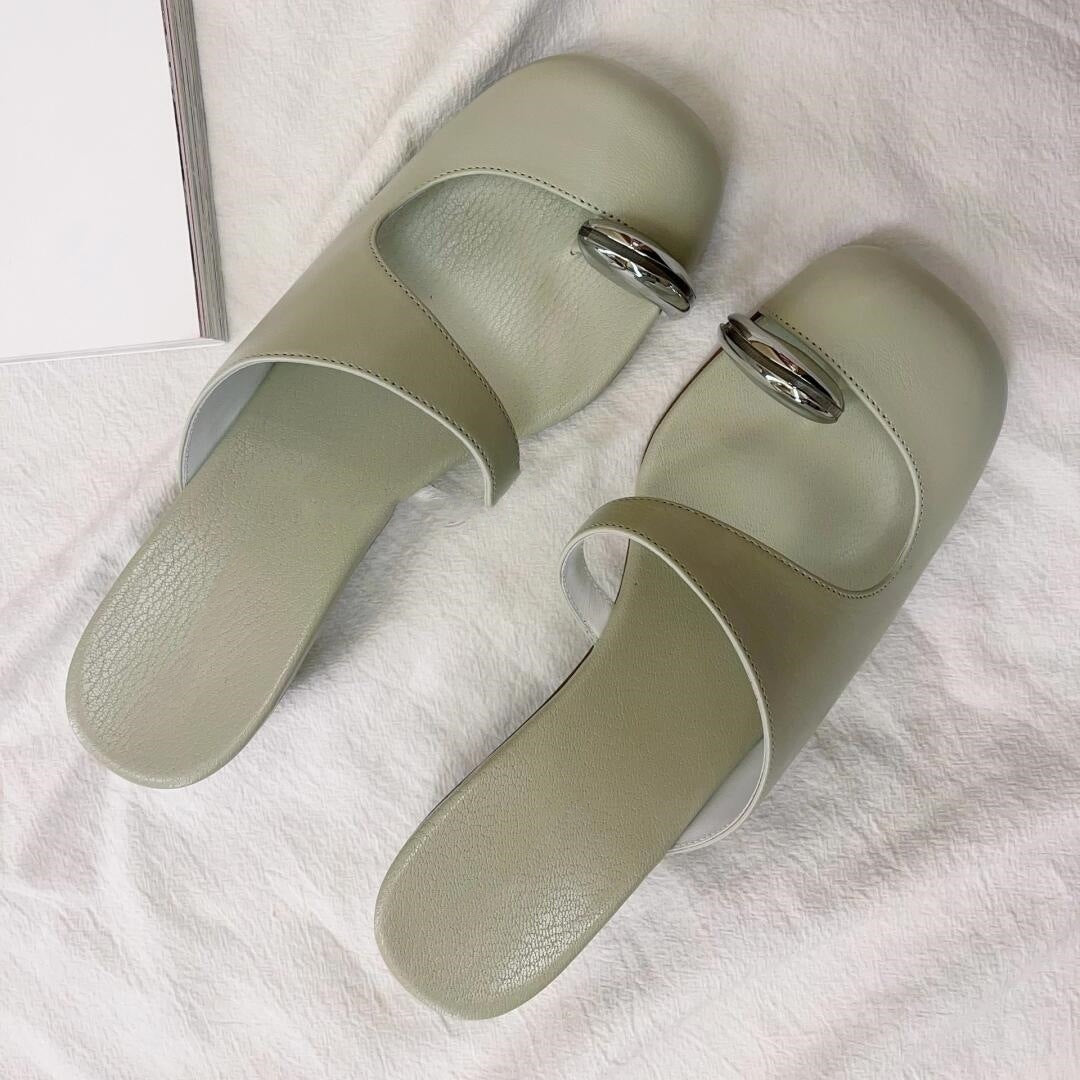 sage leather slides with silver oval accents – LYIERA