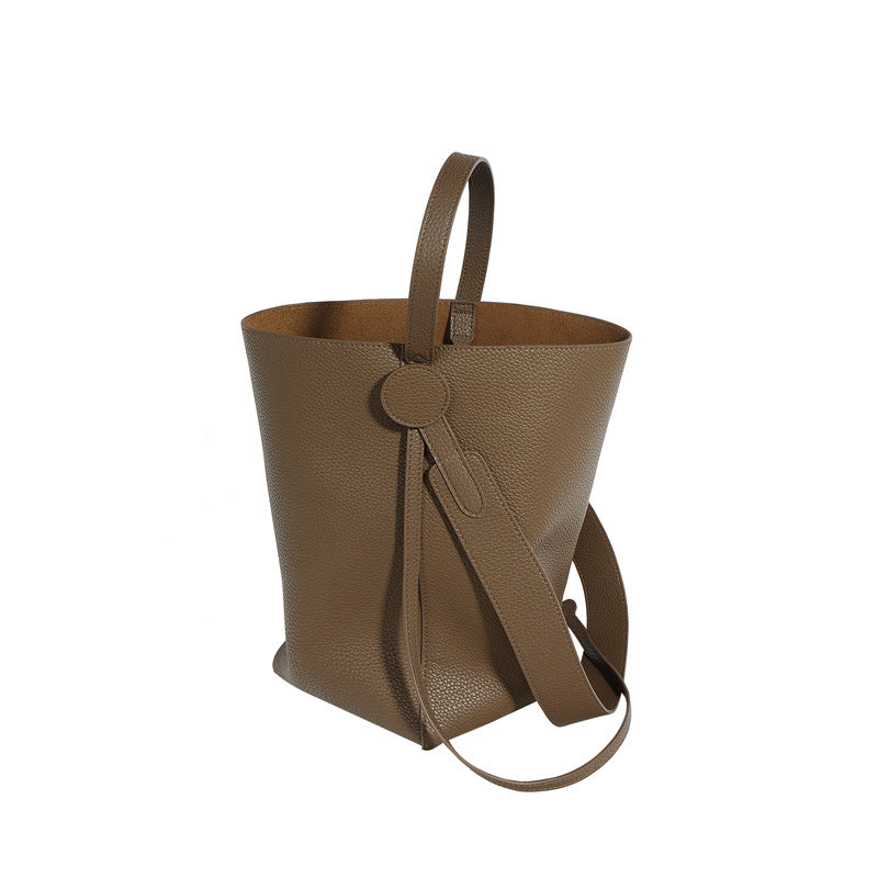 tall leather bucket bag with circular tab – OLIVE