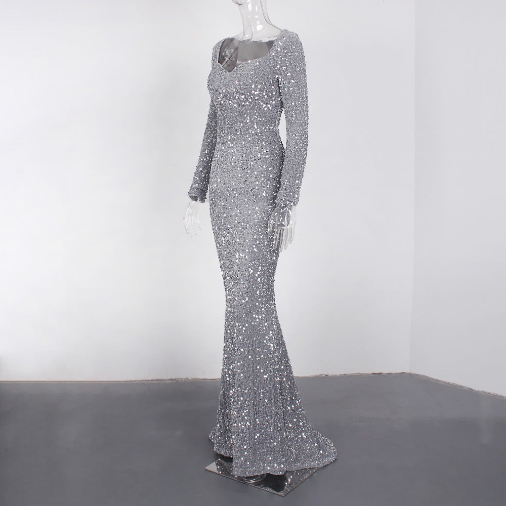 long-sleeve mermaid gown with silver sequins – Tieve