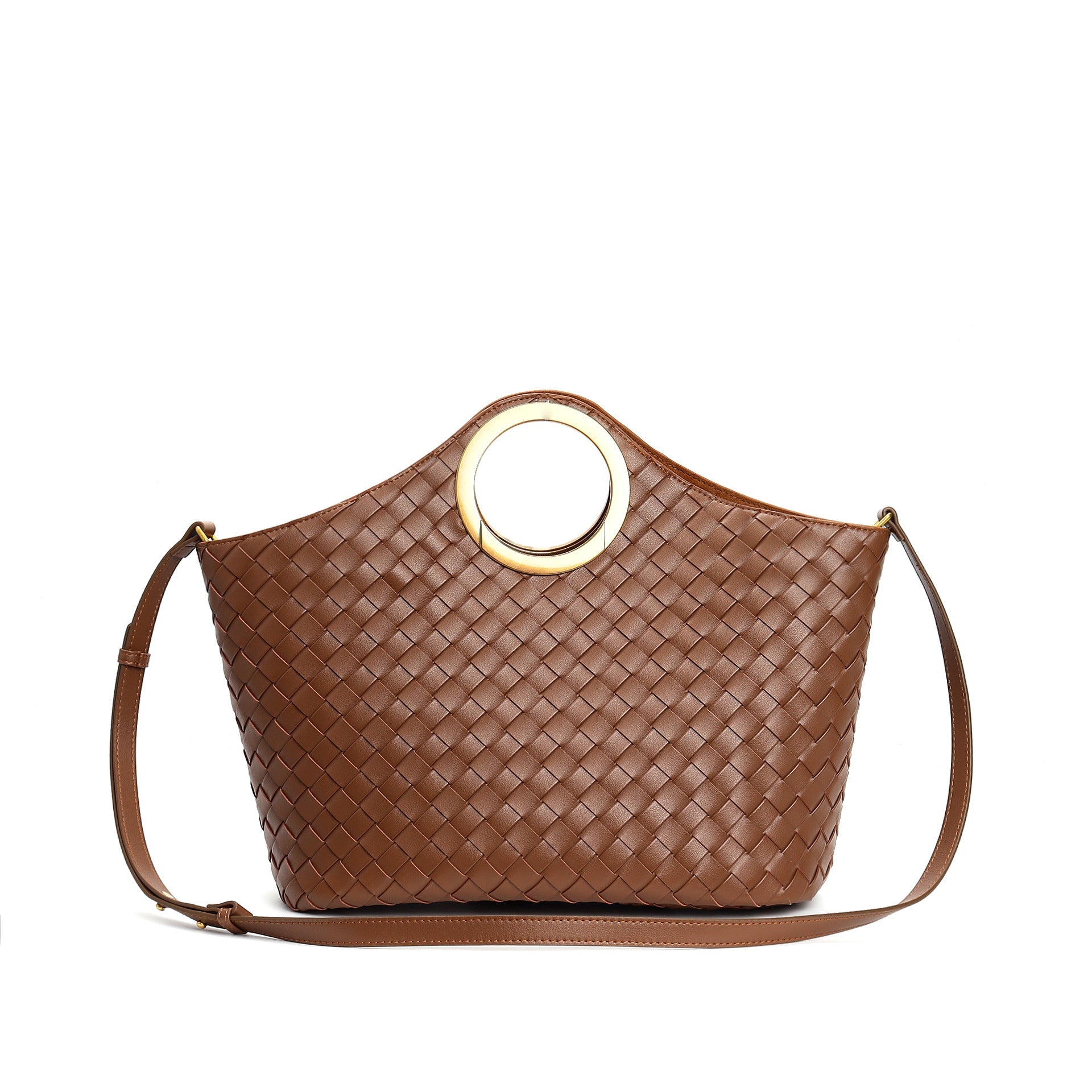 woven leather tote with circular metal handle - ARYAX