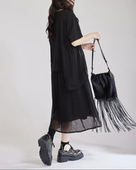 asymmetric cotton T-shirt with layered mesh panel – HARUX