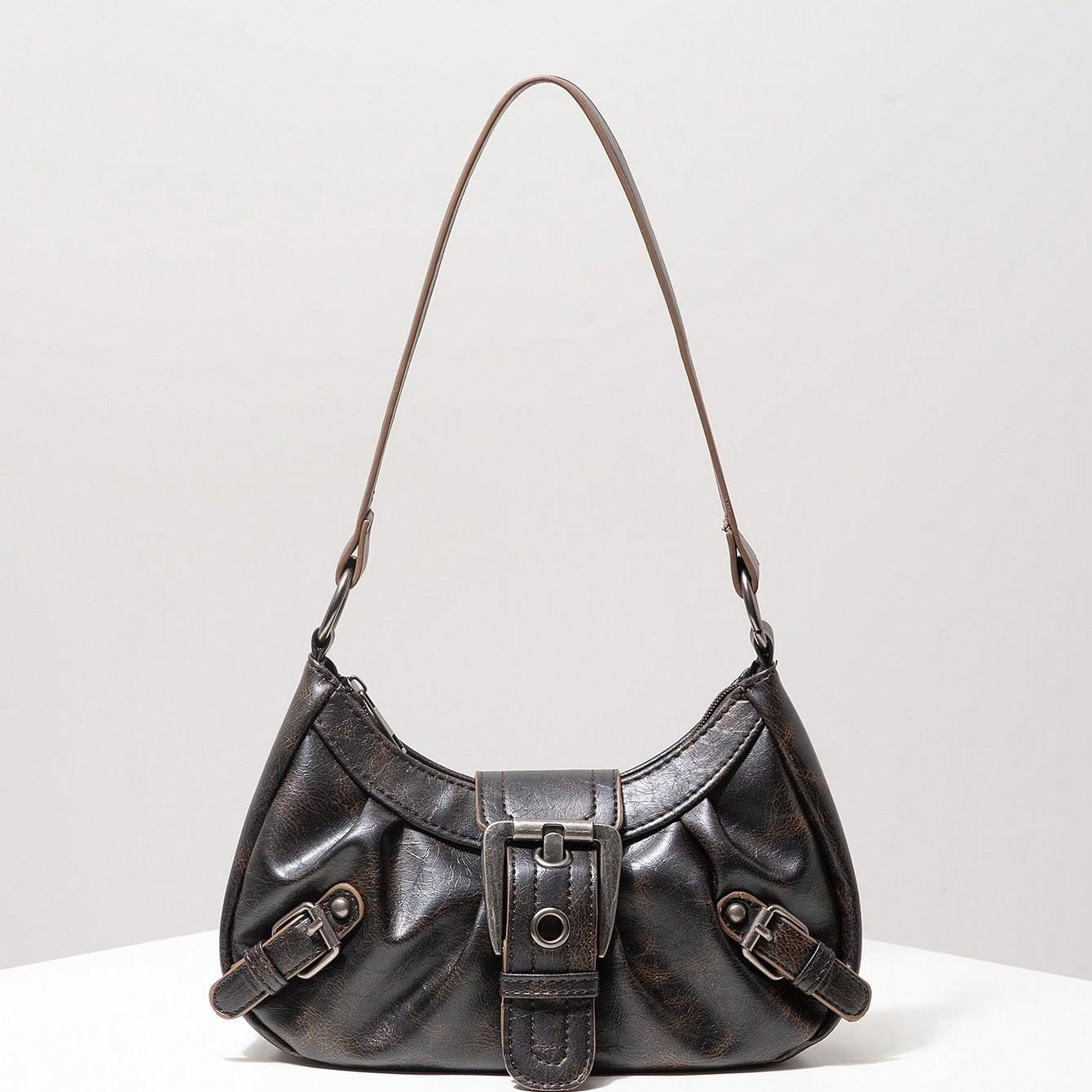 Ruched faux leather shoulder bag with statement buckles – Rinmy