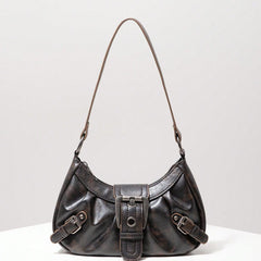 Ruched faux leather shoulder bag with statement buckles – Rinmy