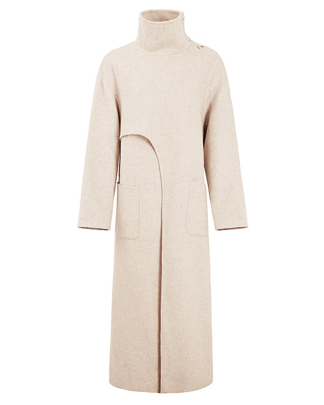 Asymmetric high-neck long coat with pocket detail – Dukaty