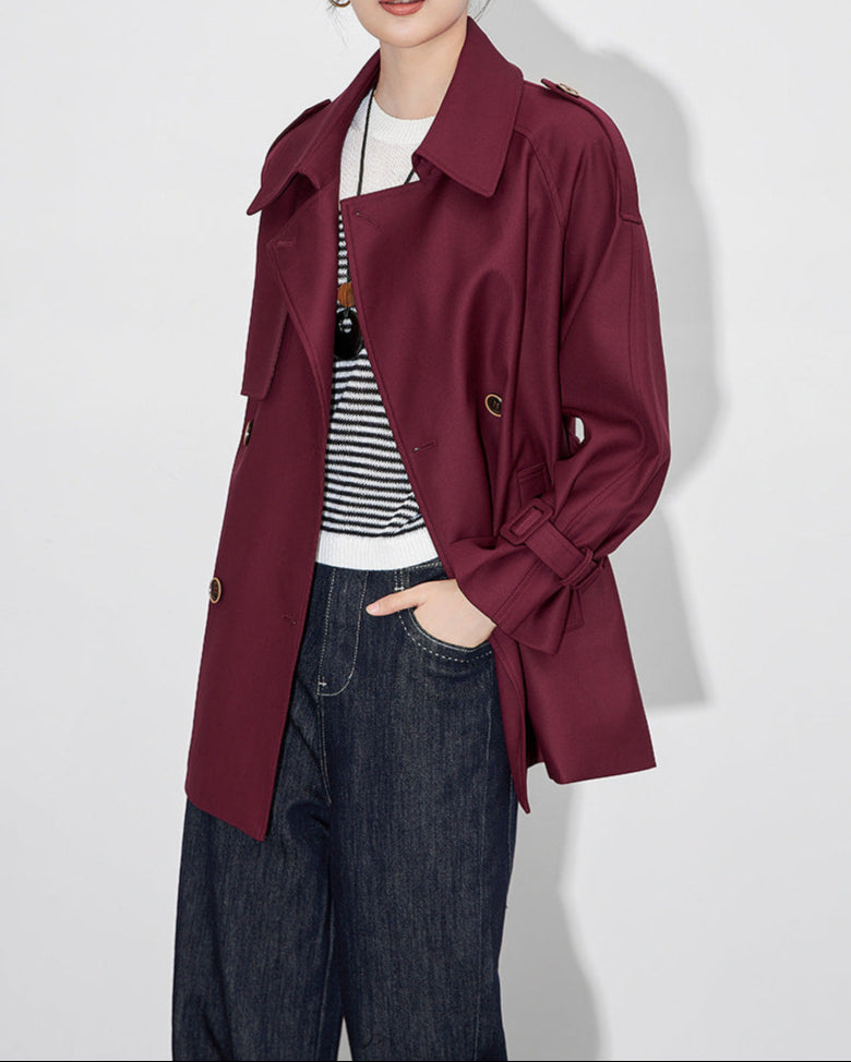 double-breasted short trench jacket with tie belt - ARYAB