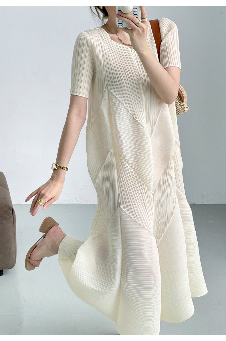 leated A-Line Midi Dress with Geometric Texture – SERENE