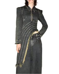 Asymmetrical Frayed Denim Jacket with Zipper Detail - Liksy