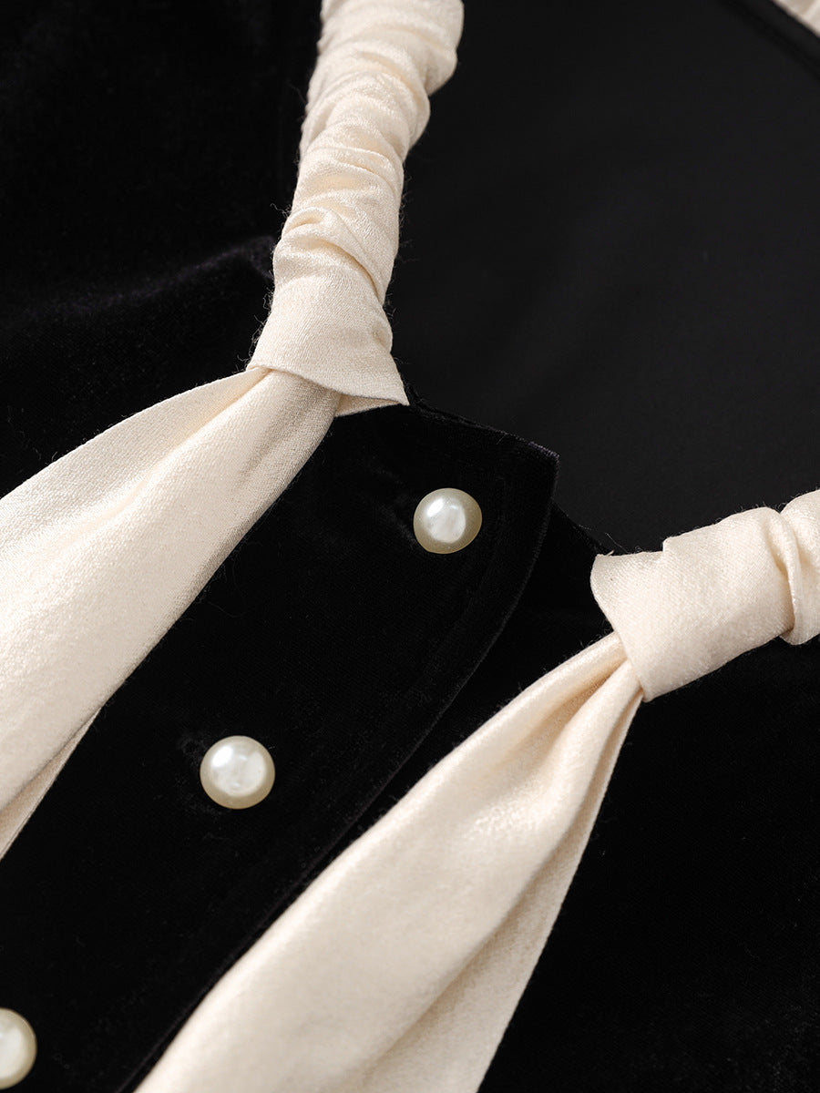 velvet blouse with ruffled collar and bow tie - DAPHNEL