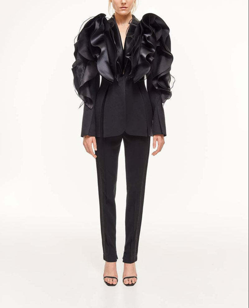 ruffled organza sleeve blazer with deep satin lapel - Jermien