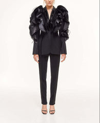 ruffled organza sleeve blazer with deep satin lapel - Jermien