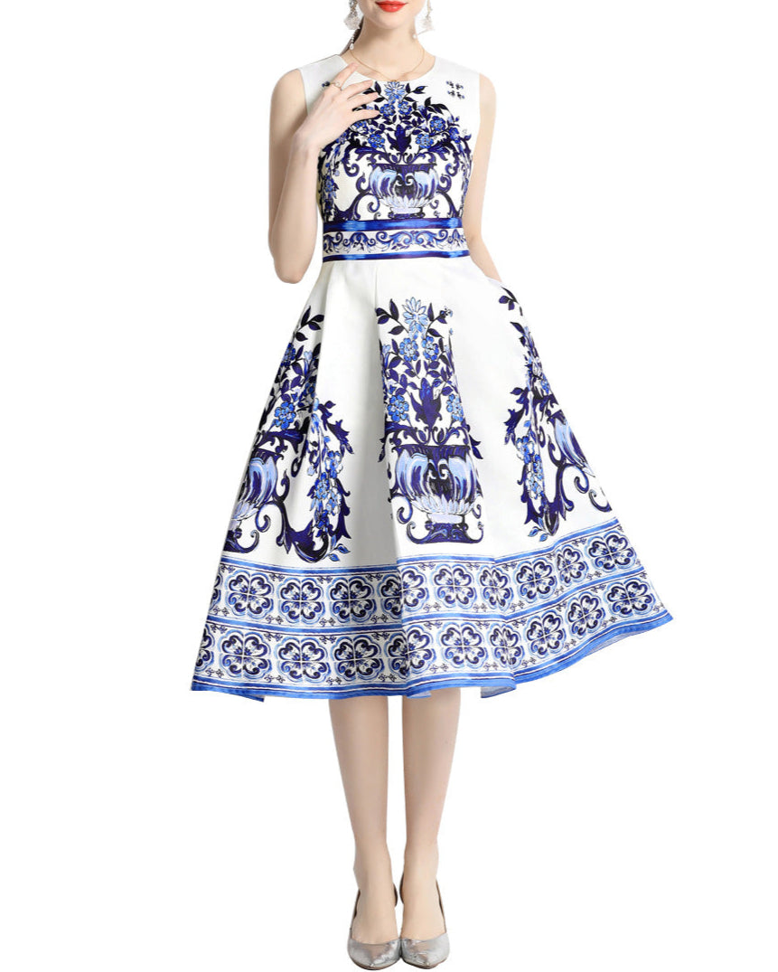 Sleeveless A-line dress with ornate vase print - CELMA