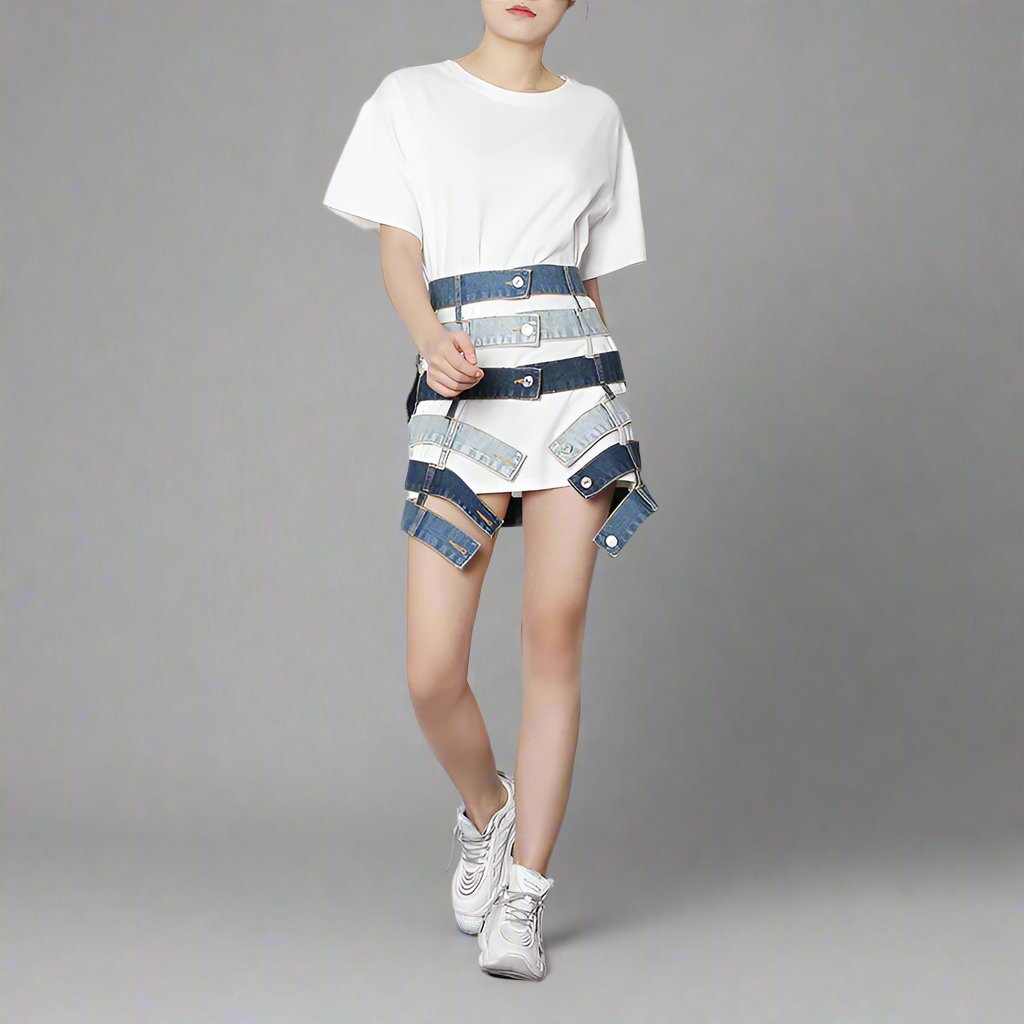 patchwork denim waist belt skirt - Talikha