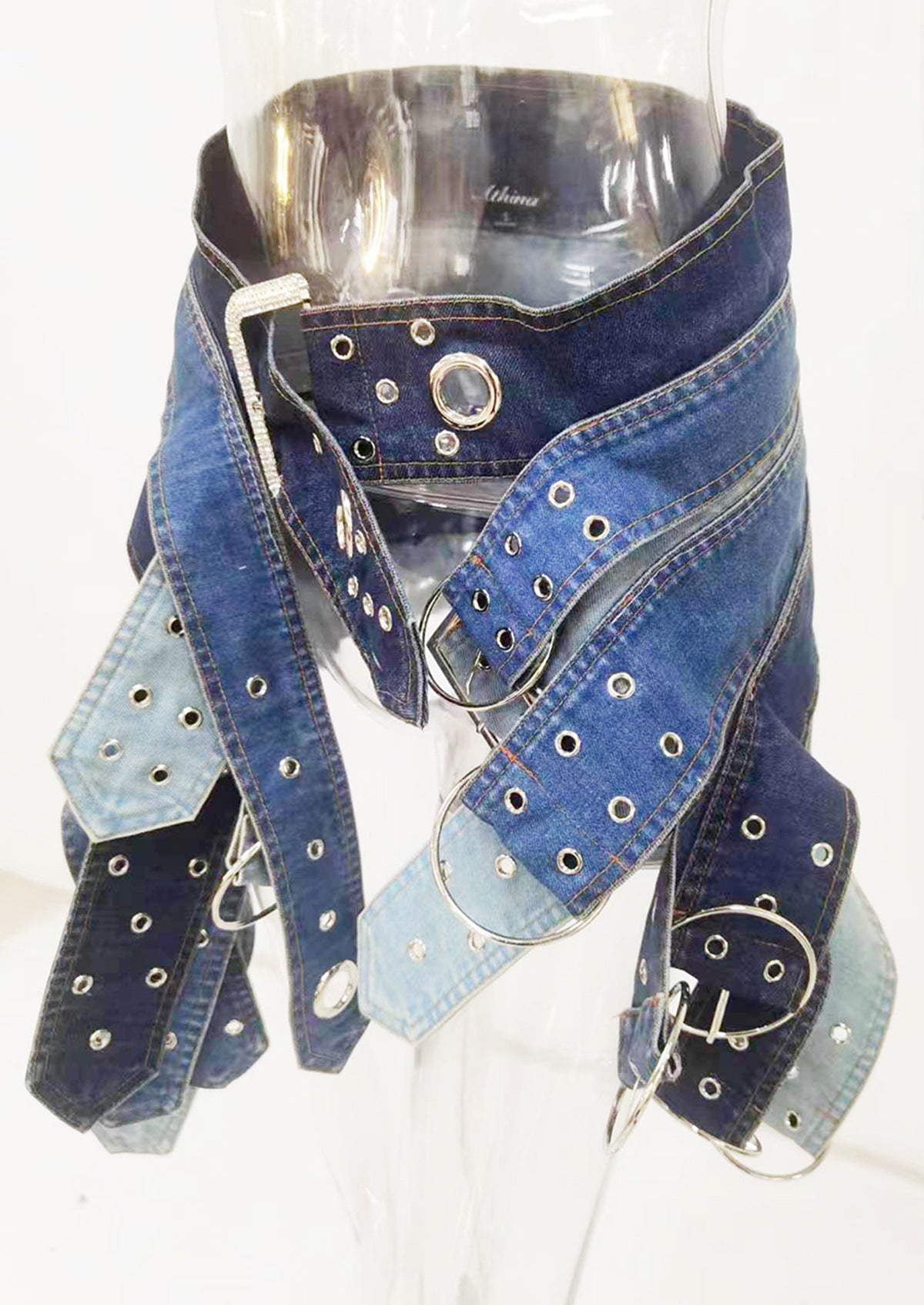 multi-tone denim belt skirt with grommet details - Ellinor