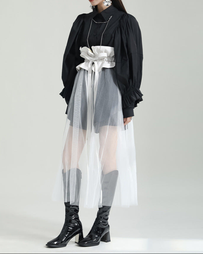 sheer tulle overlay skirt with voluminous shirt and corset belt - YUMI