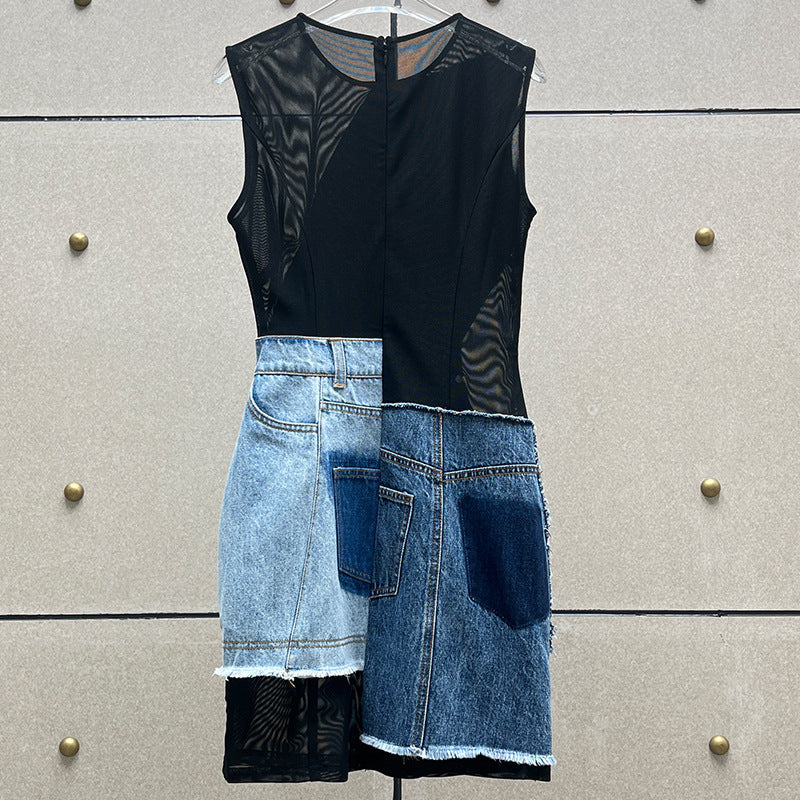 sleeveless mesh mini dress with denim patchwork – Tamela
