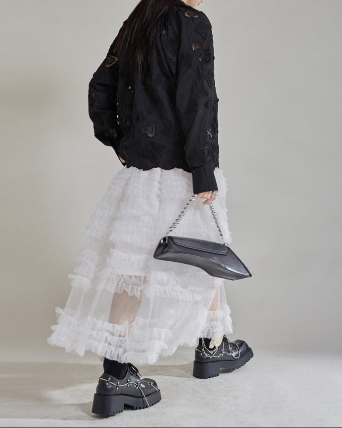 Lace embroidered oversized blouse with button-down front - Bisdy