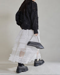 Lace embroidered oversized blouse with button-down front - Bisdy