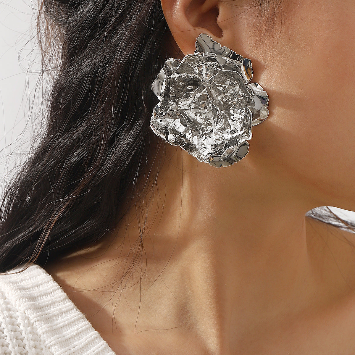 oversized molten rose earrings with sculptural petals - ARYAV
