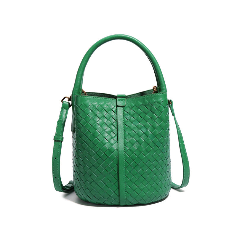 woven leather bucket bag with rounded handle – IVONY