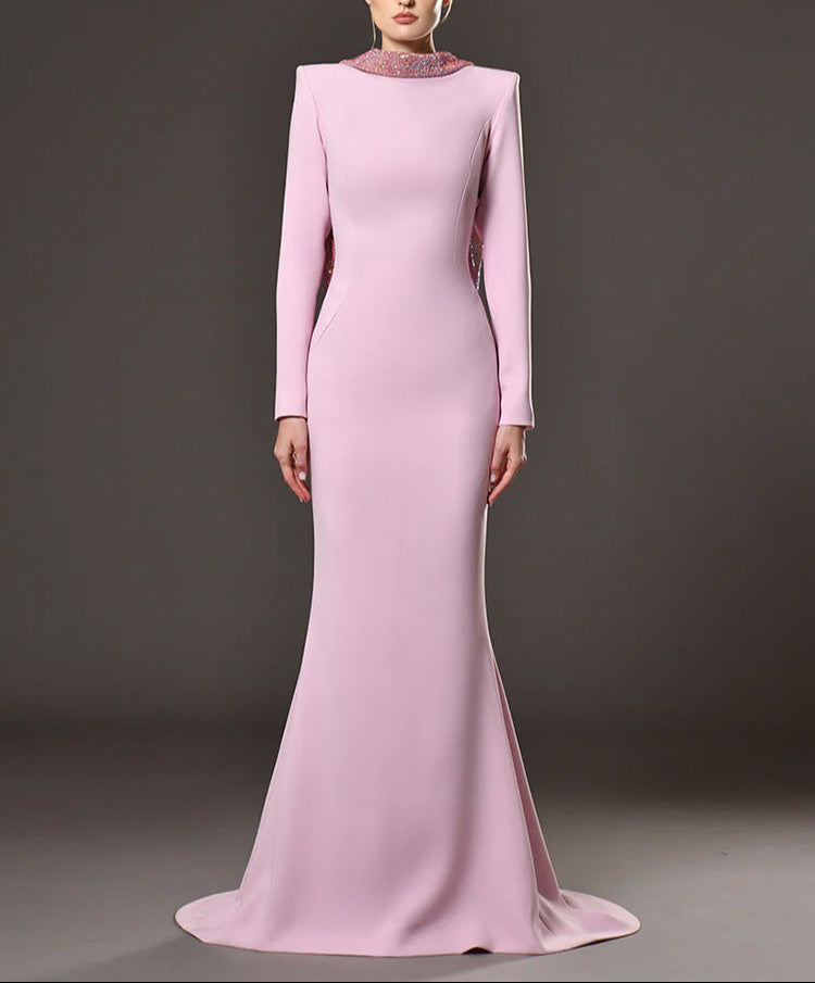 long sleeve mermaid dress with embellished high neckline – LILIA