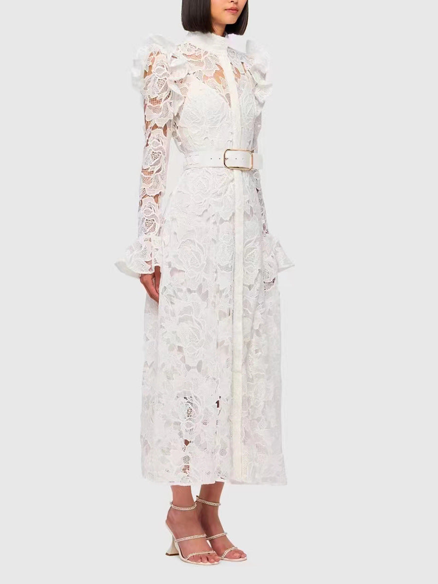 long-sleeve lace midi dress with belt – Tesoro