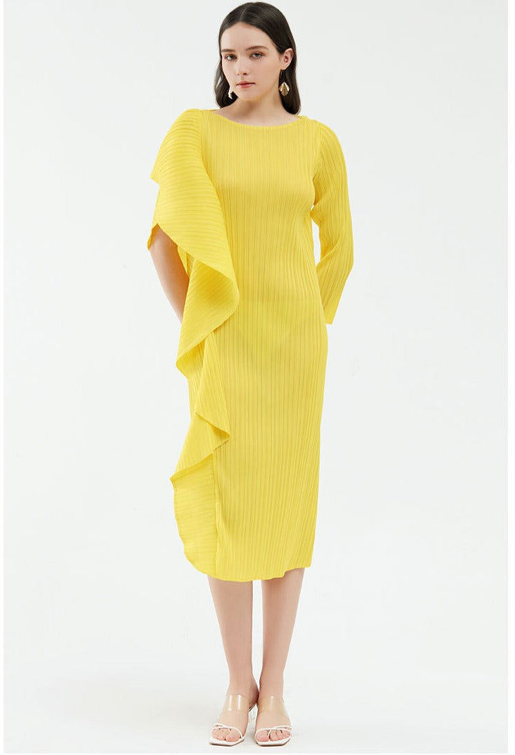 pleated midi dress with asymmetric ruffle – Ysabelle