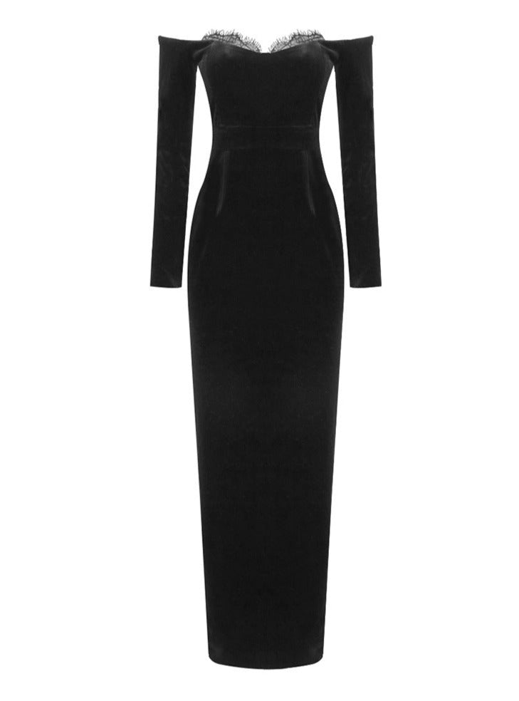 Off-shoulder velvet midi dress with lace trim – Gergana
