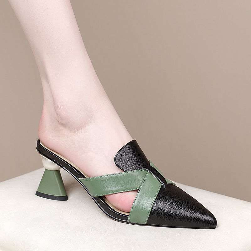 pointed leather mules with green cross straps and flared heels – VERONA