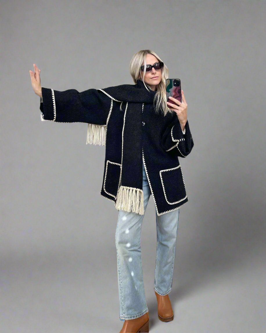 fringed cape jacket with contrast trim – Teghan