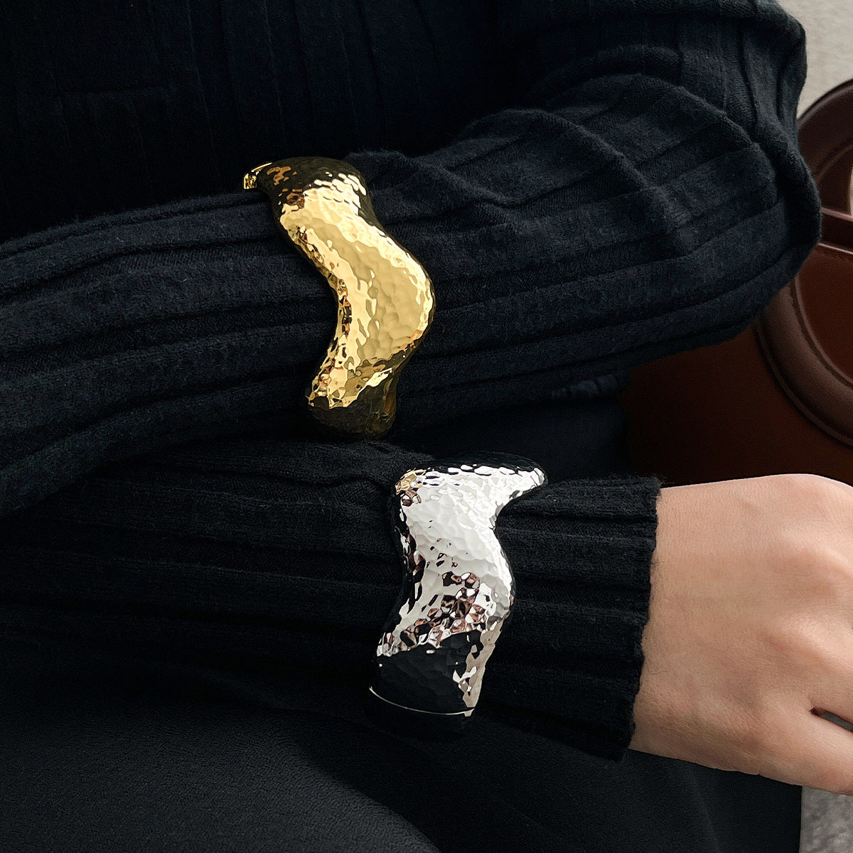 hammered wave cuff bracelet with sculptural curves – RAYAH